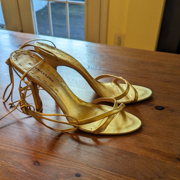 BCBG MAXAZRIA metallic gold ankle strap heeled sandals Size 8.5 - Picture 1 of 10